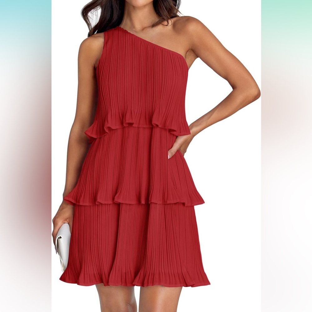 Mini Dress Boho One Shoulder Ruffle Tiered Layered Chiffon Flowy A Line Dresses